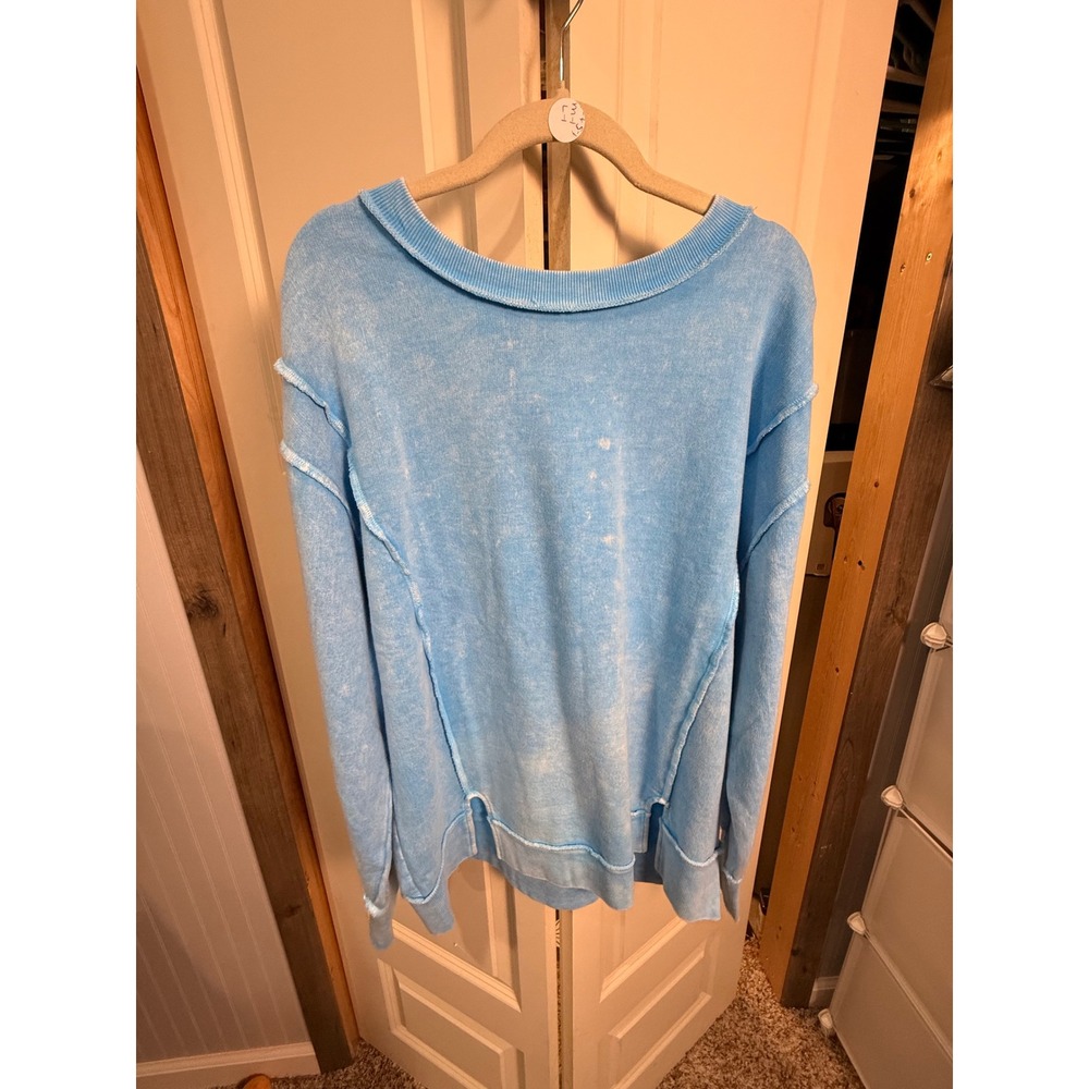 Zenana Women Blue Acid Wash Oversized Sweatshirt Exposed Seam Pullover L